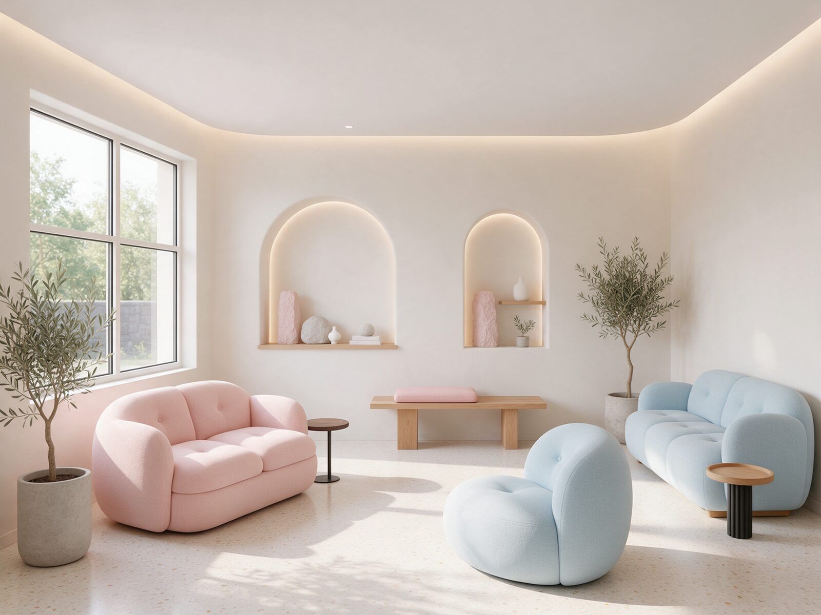 Pastel bekleme alanı: pembe ve açık mavi yuvarlak koltuklar, kemerli duvar nişleri, zeytin ağaçları